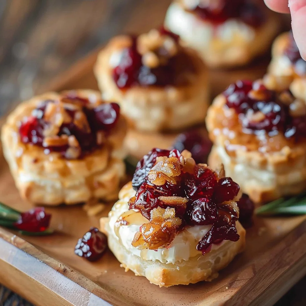Deliciously baked cranberry brie bites served on a plate.