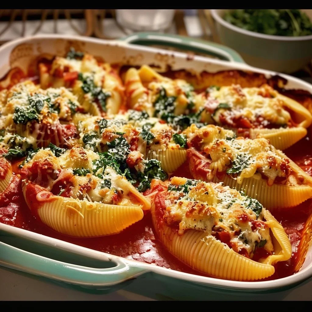 Delicious Christmas stuffed shells filled with ricotta and spinach, perfect for holiday meals.