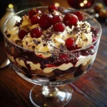 Delicious Black Forest Trifle layered with chocolate, cherries, and whipped cream