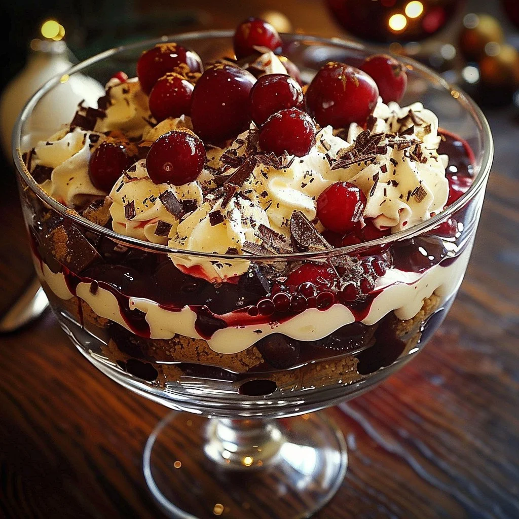 Delicious Black Forest Trifle layered with chocolate, cherries, and whipped cream