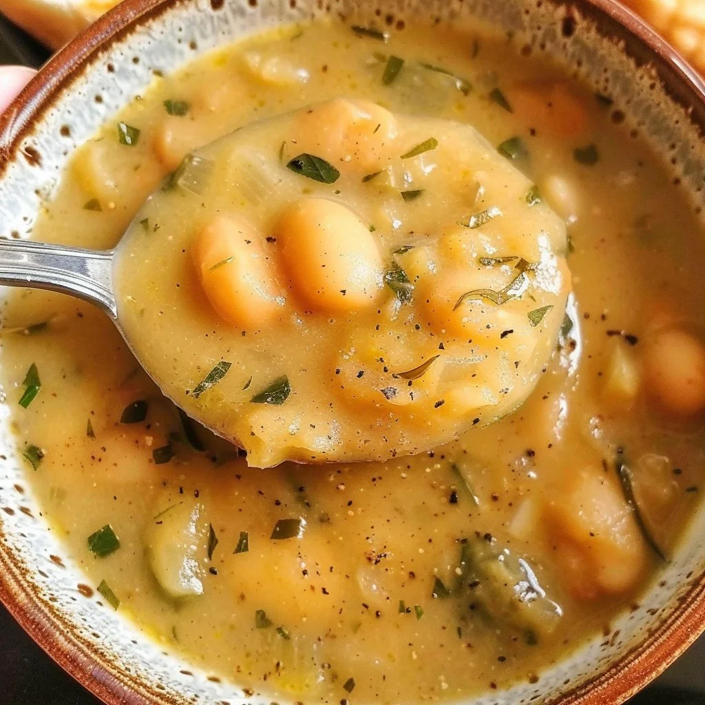 Bowl of creamy butter bean soup garnished with herbs and spices
