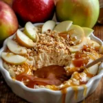 Delicious Caramel Apple Cheesecake Dip served with apple slices and caramel drizzle