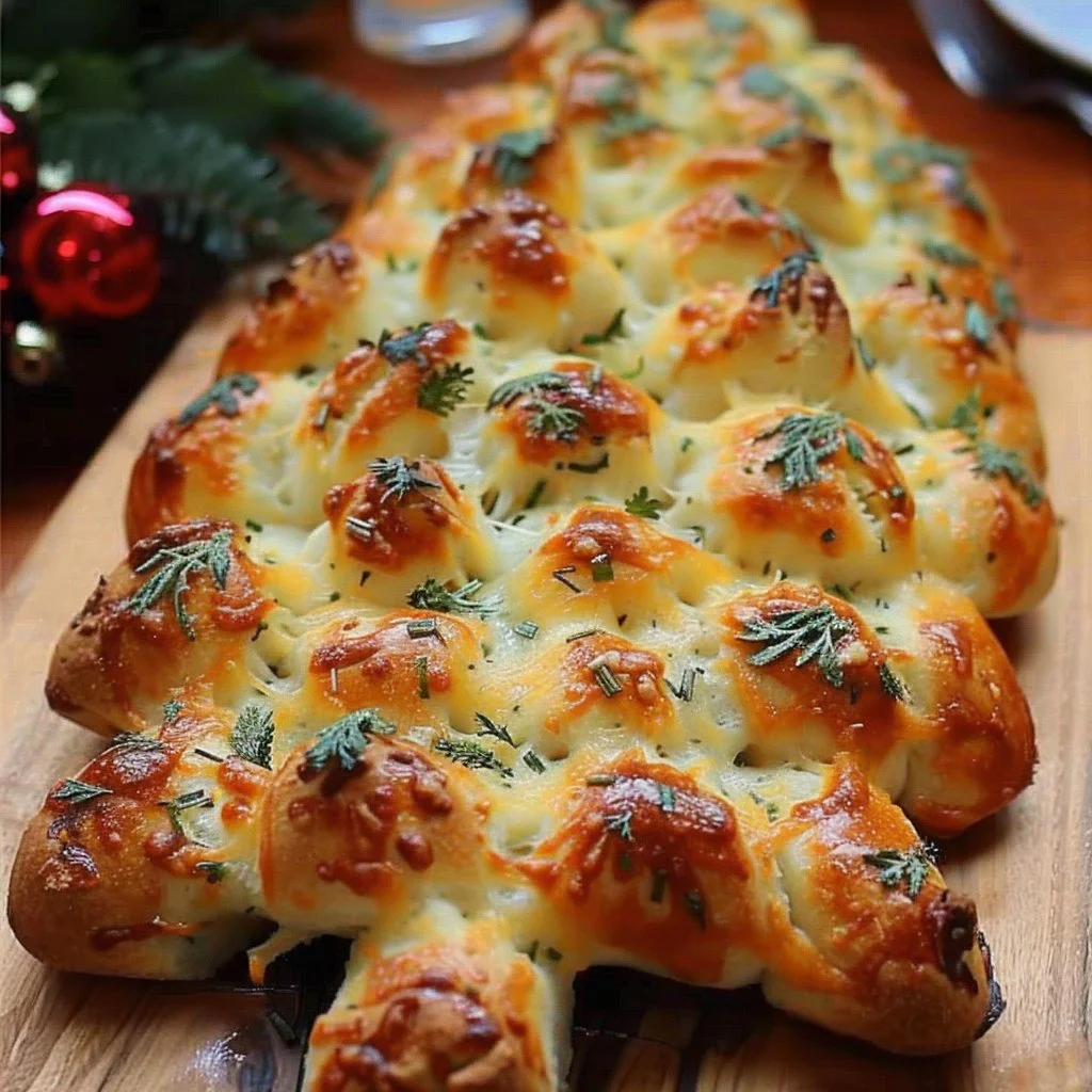 Cheesy Christmas Tree Bread served on a festive table with holiday decor.