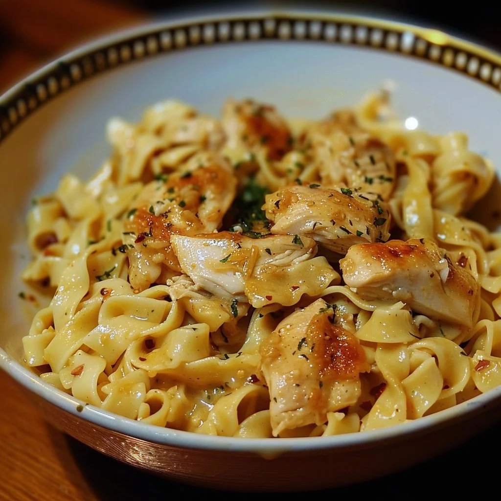 Delicious chicken served with buttery noodles in a savory sauce