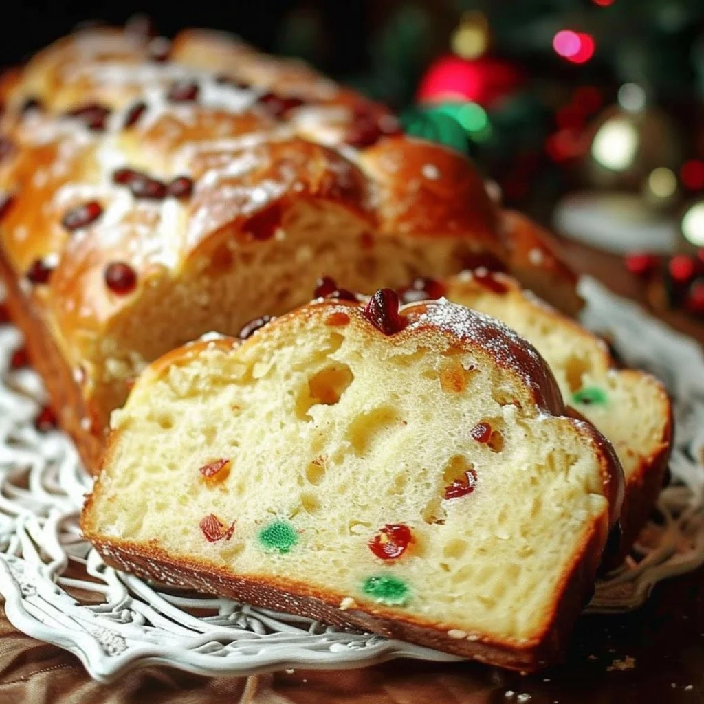 A freshly baked loaf of Christmas bread adorned with festive decorations.