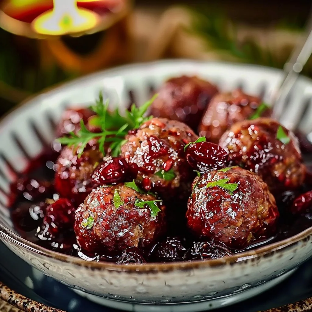 Delicious Christmas Cranberry Meatballs served on a festive platter