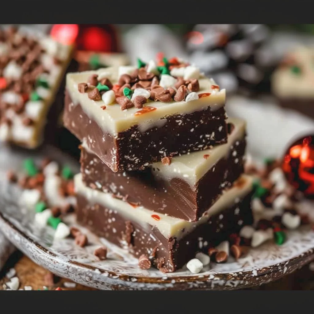 Delicious homemade Christmas fudge displayed on a festive table.