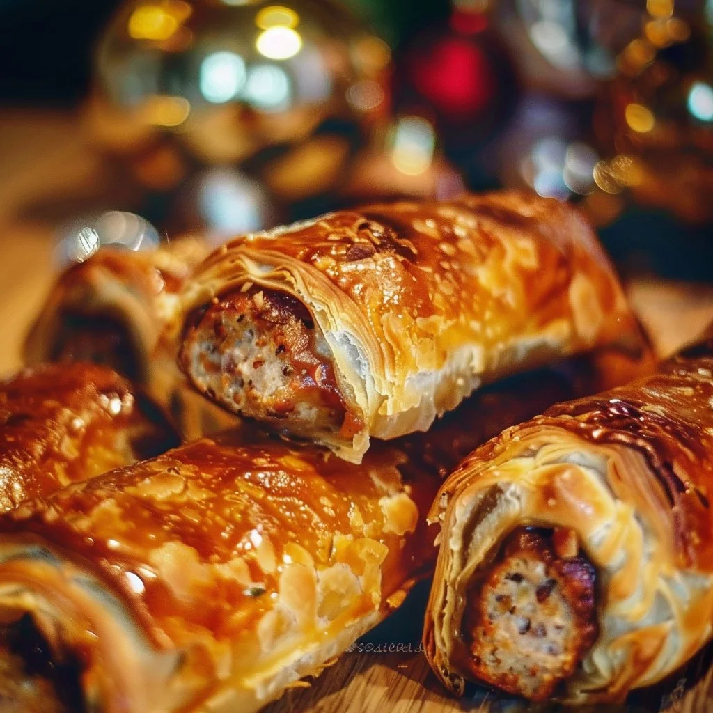 Festive Christmas sausage rolls ready to be served at a holiday gathering.