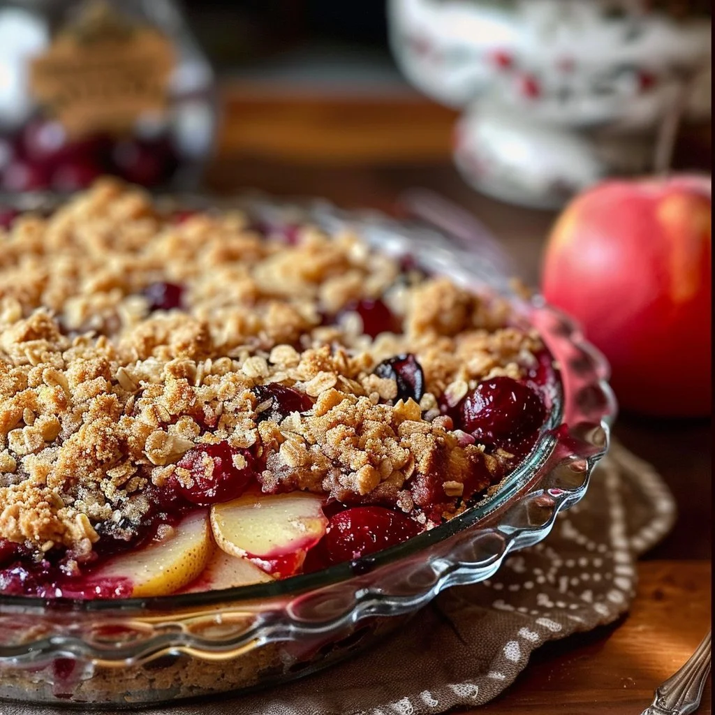 Delicious cranberry pear crisp cake with a golden topping and fresh fruit.
