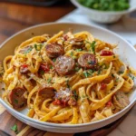 Bowl of creamy Cajun sausage pasta with herbs and spices