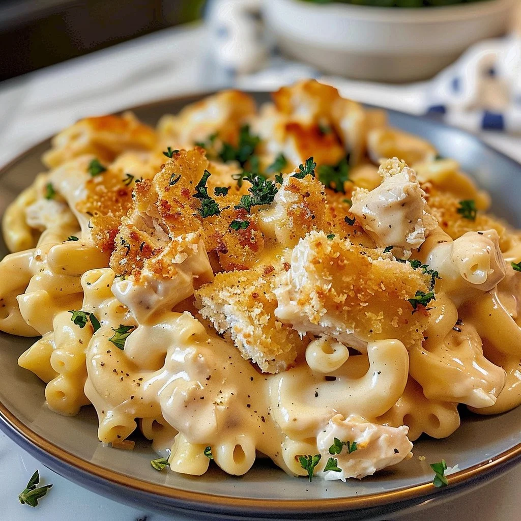 Creamy chicken mac and cheese with tender chicken pieces and a cheesy sauce