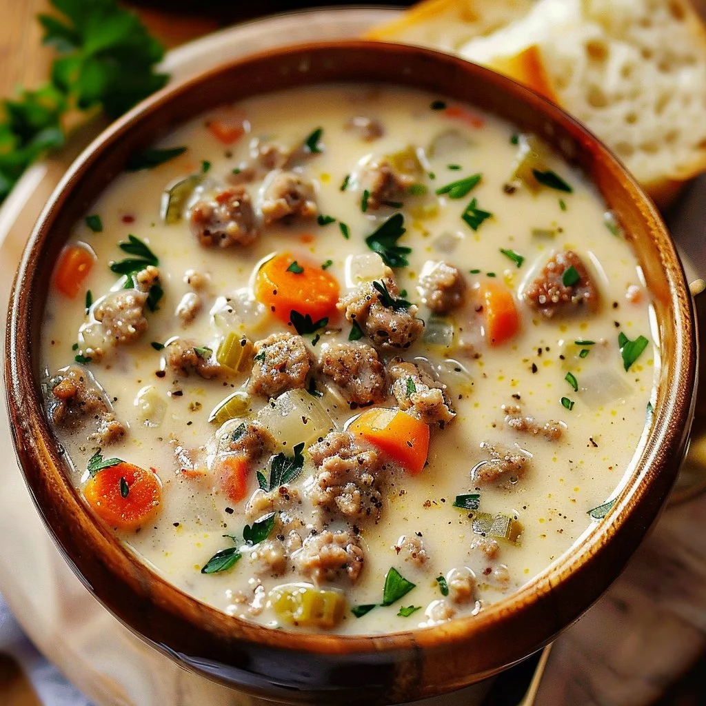Bowl of creamy Italian sausage soup garnished with fresh herbs