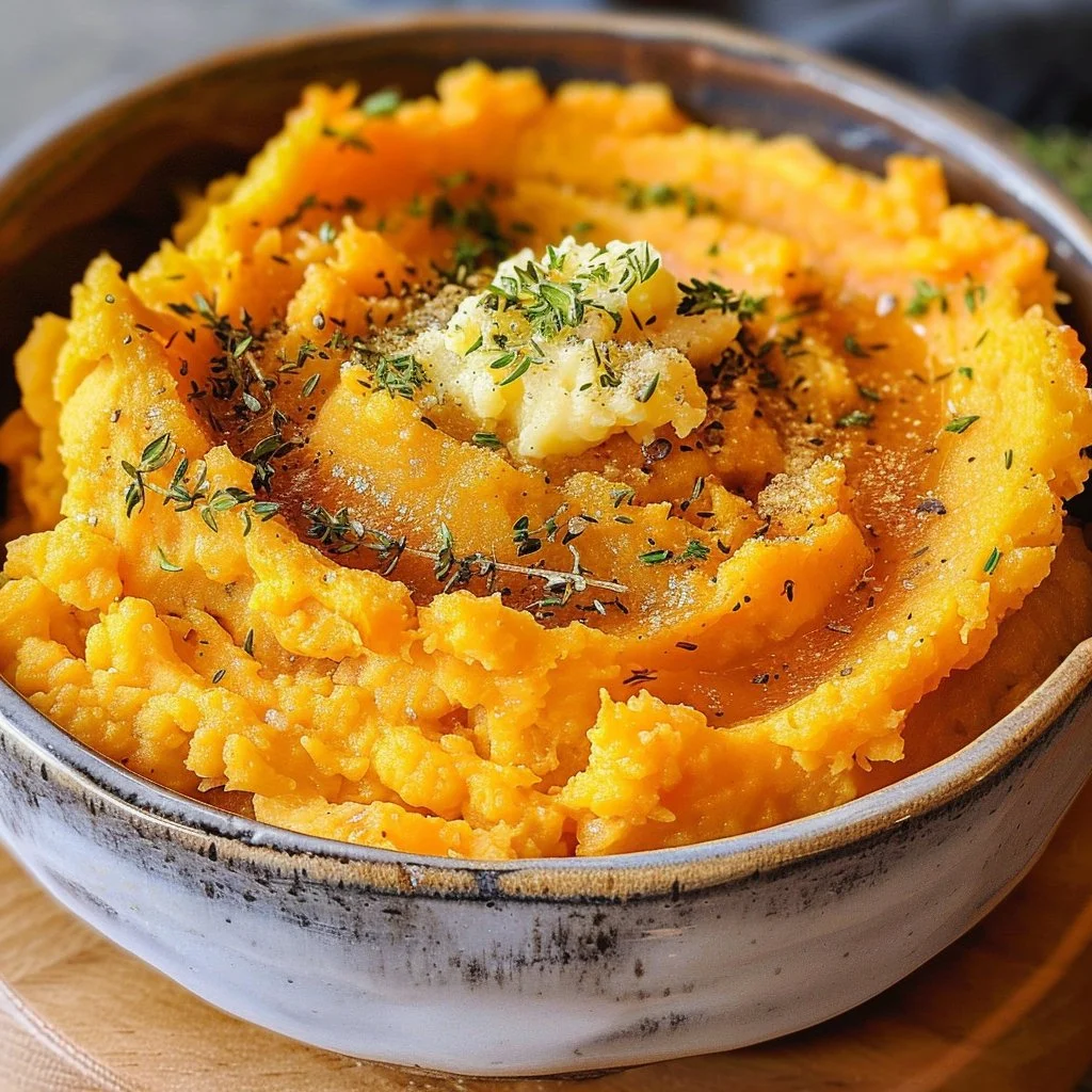 Creamy mashed sweet potatoes served in a bowl, garnished with herbs.