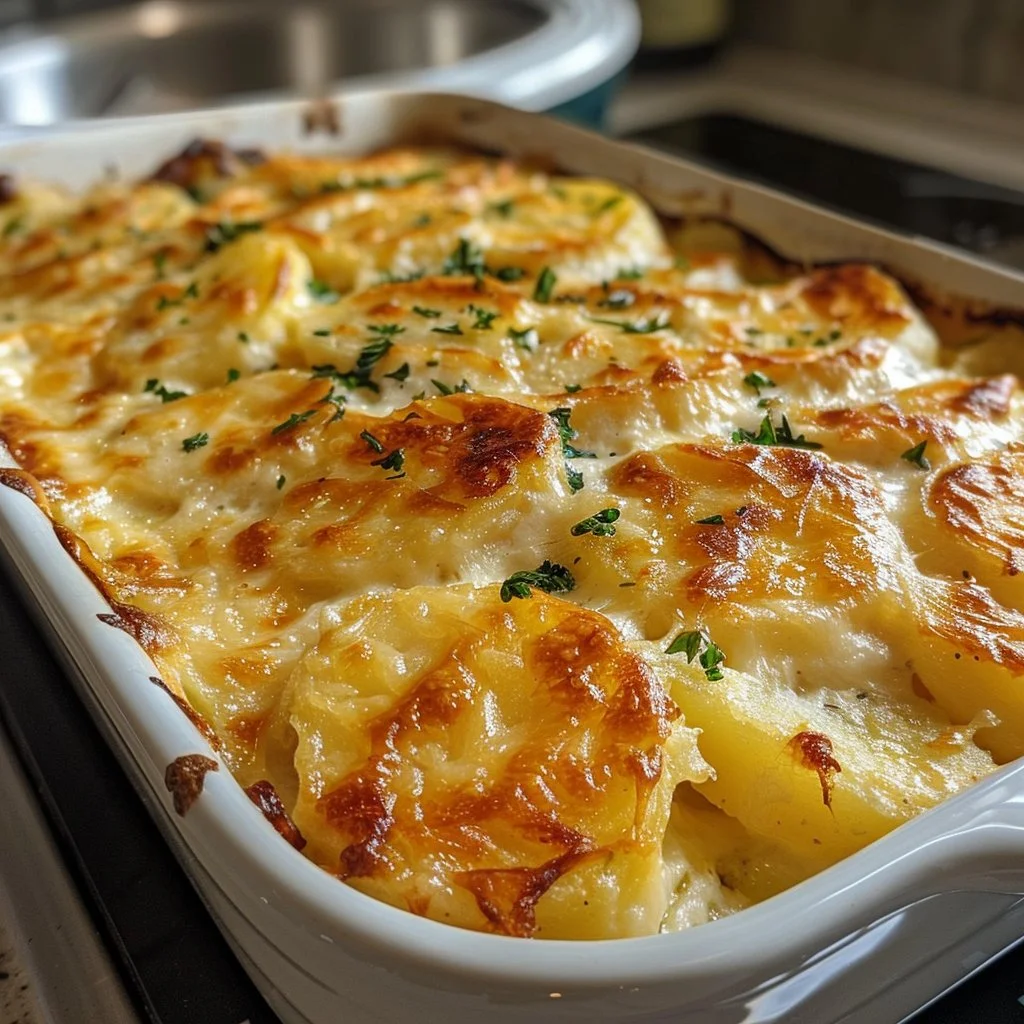 Creamy scalloped potatoes layered with cheese and baked to perfection
