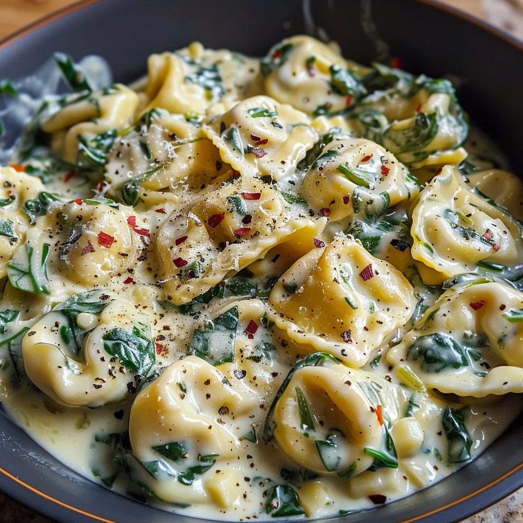 Creamy Spinach Artichoke Tortellini dish served on a plate