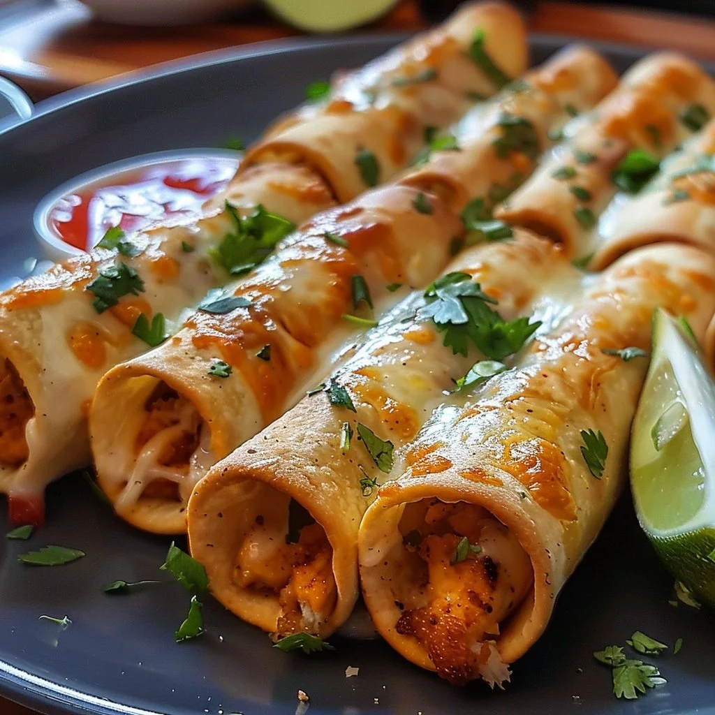 Crispy chicken taquitos arranged on a plate, garnished with fresh cilantro.