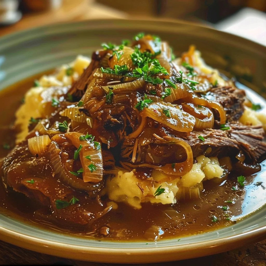Crock Pot French Onion Pot Roast served with caramelized onions and herbs