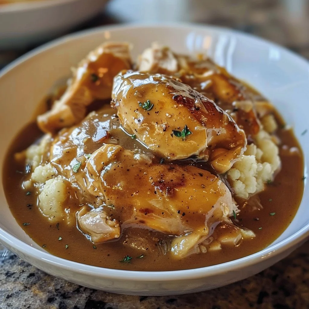 Delicious Crockpot Chicken and Gravy served with mashed potatoes