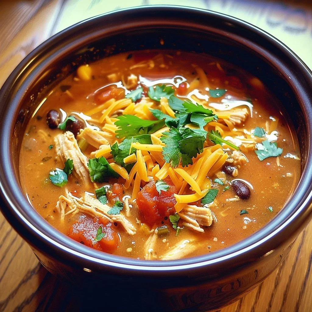 Bowl of delicious Crockpot Chicken Tortilla Soup topped with cilantro and avocado