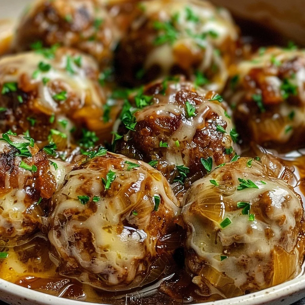 Crockpot French onion meatballs served in a bowl with melted cheese