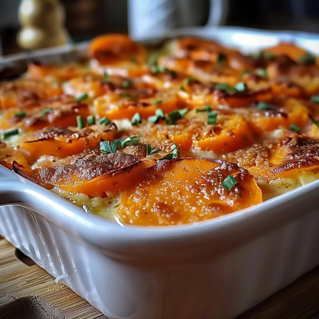 Deliciously baked scalloped sweet potatoes layered with creamy sauce and spices.