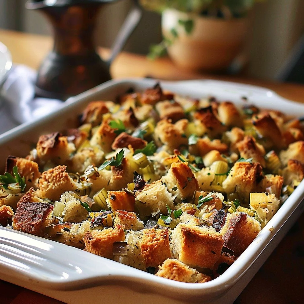 Grandma's Thanksgiving stuffing recipe filled with herbs and spices.