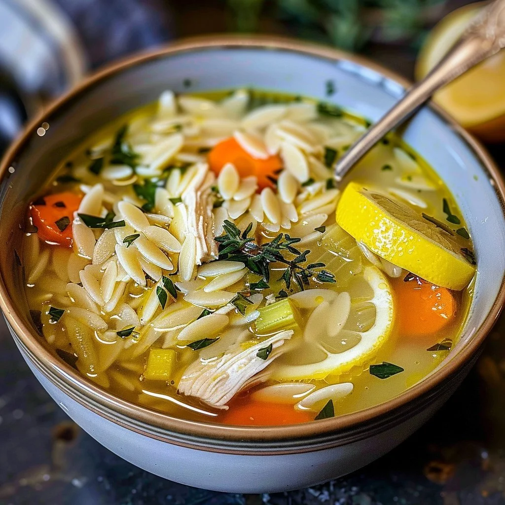 Bowl of delicious lemon chicken orzo soup garnished with fresh herbs