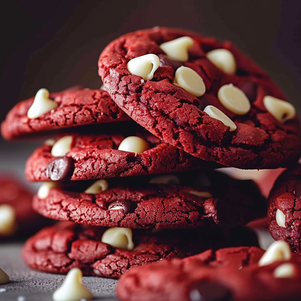 Delicious red velvet chocolate chip cookies on a plate