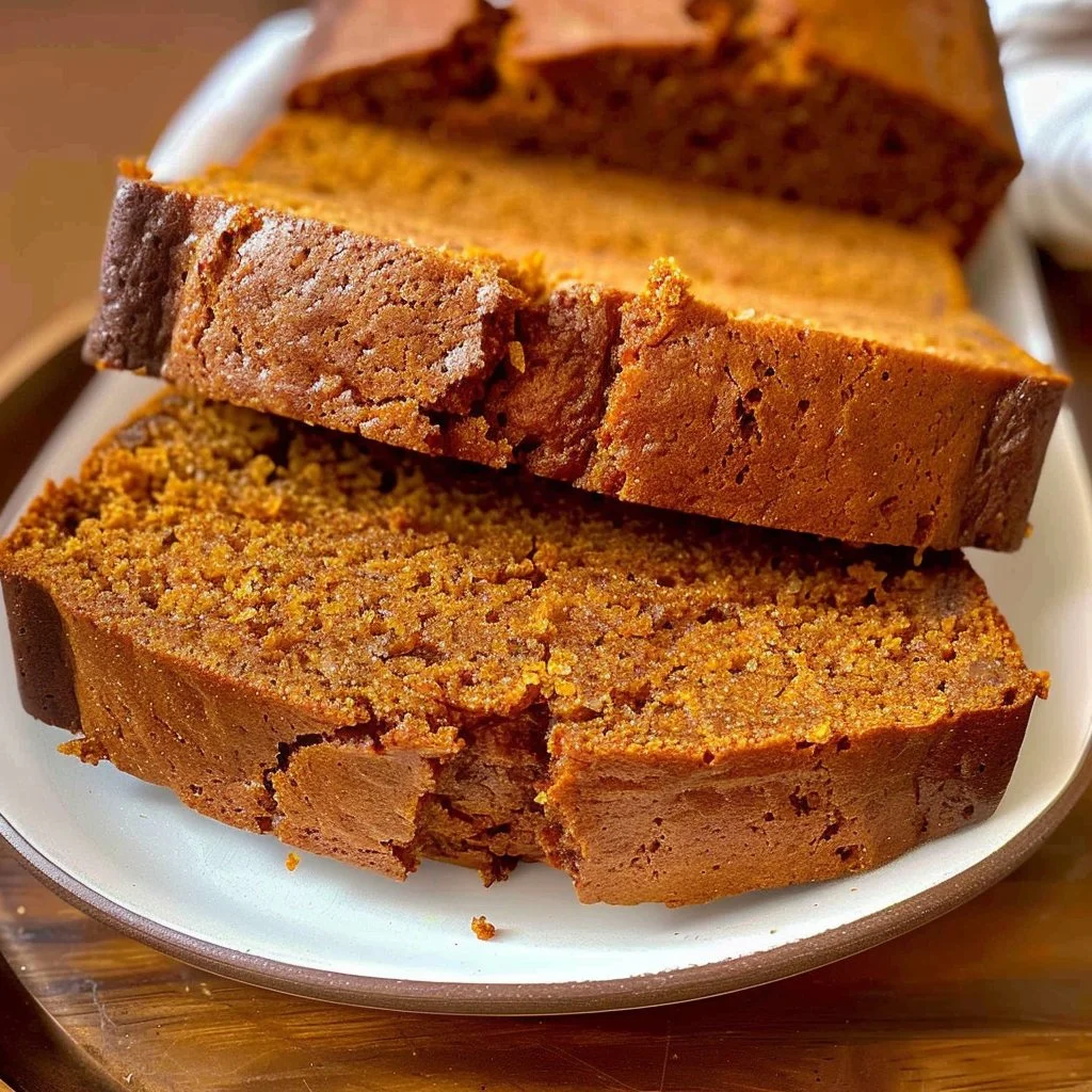 Sliced homemade easy pumpkin bread on a wooden board with autumn decorations.