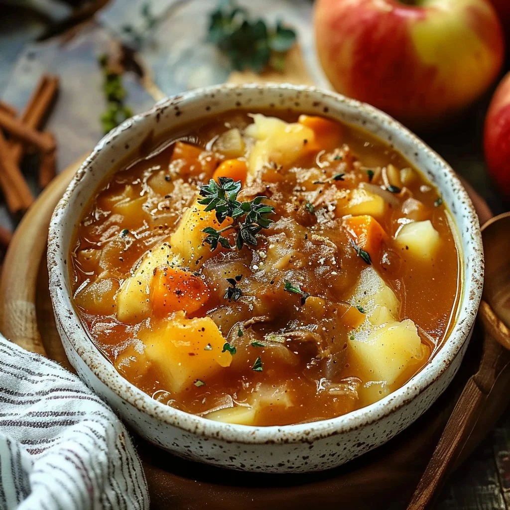 Delicious fall apple cider stew mash with seasonal ingredients.