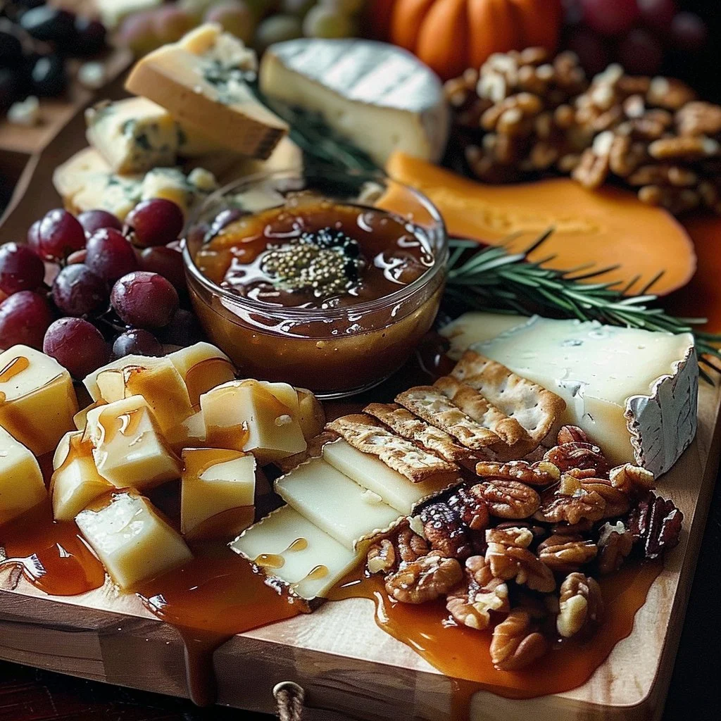 Fall cheese board with caramel, featuring assorted cheeses and seasonal fruits.