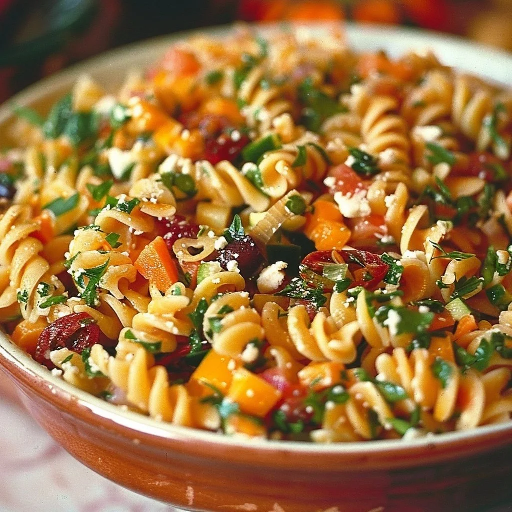 Colorful Fall Harvest Pasta Salad with seasonal vegetables and dressing.