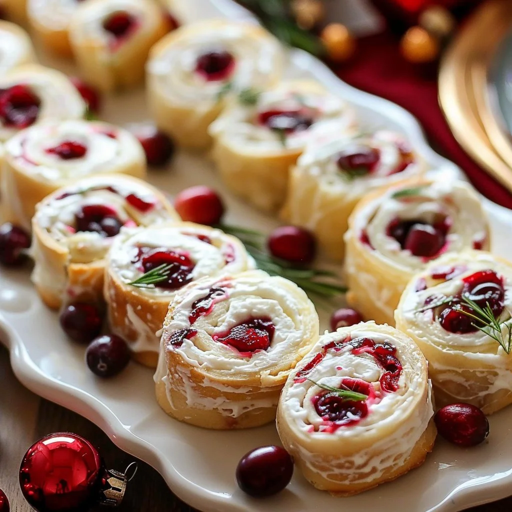 Festive Christmas Cranberry Roll Ups on a decorative plate
