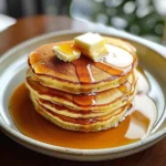 Fluffy old-fashioned pancakes stacked on a plate with syrup and berries