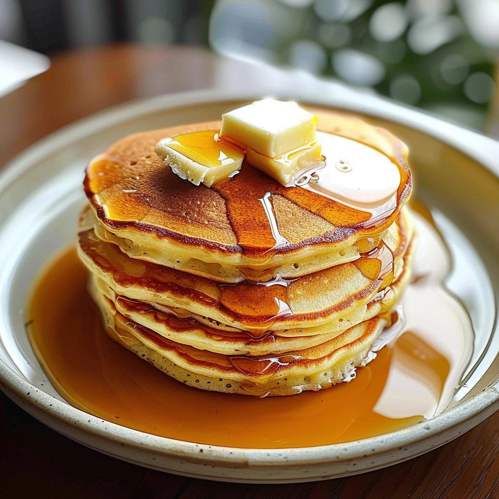 Fluffy old-fashioned pancakes stacked on a plate with syrup and berries