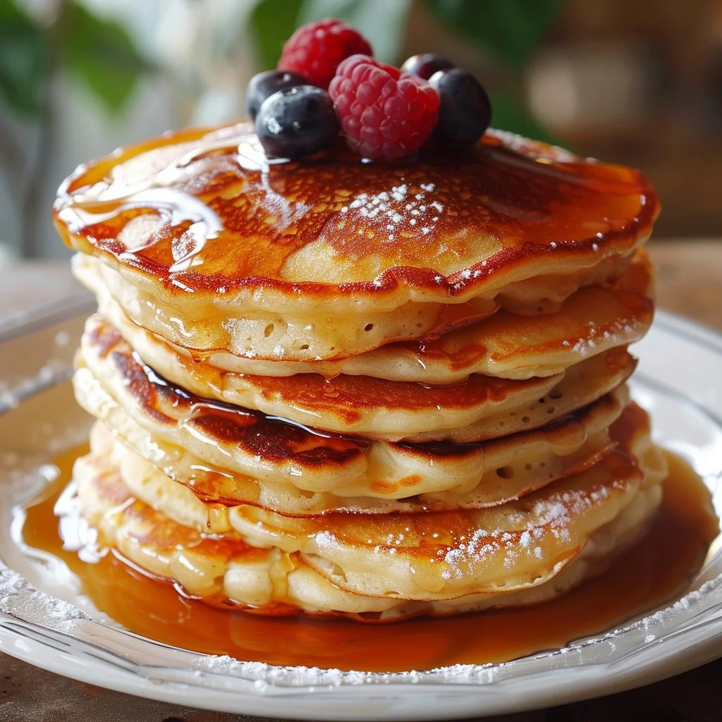 Stack of fluffy old-fashioned pancakes served with syrup and berries