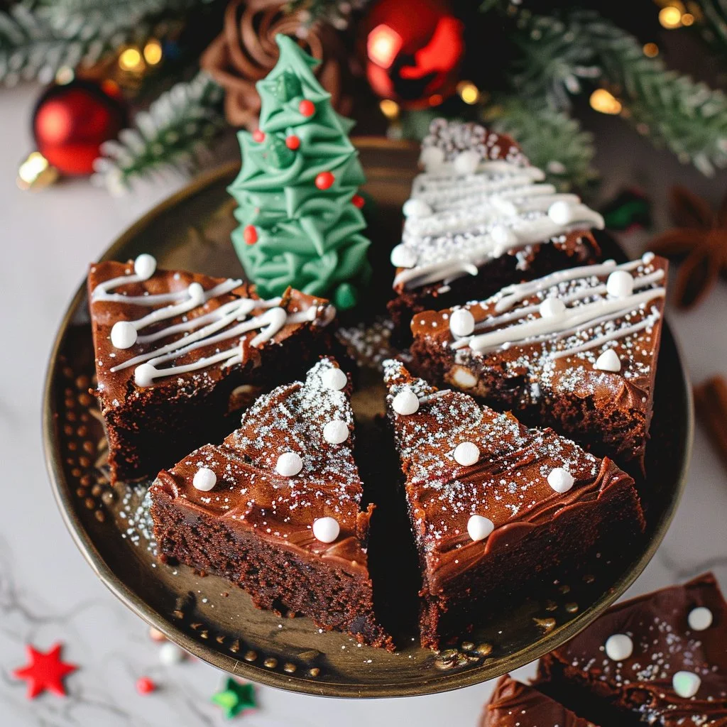Frosted Christmas brownies decorated with festive colors and toppings