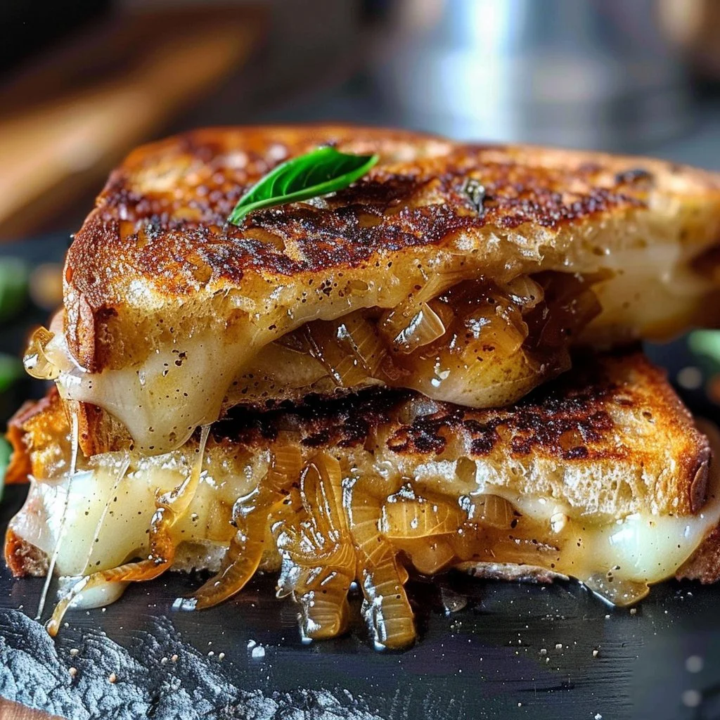 Gourmet Pear Apple Grilled Cheese sandwich with caramelized onions