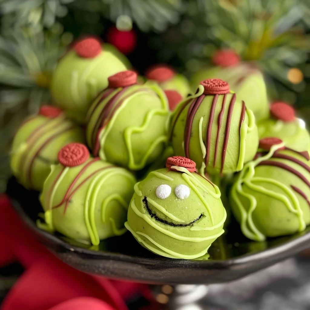 Delicious Grinch Oreo Balls decorated for the holidays