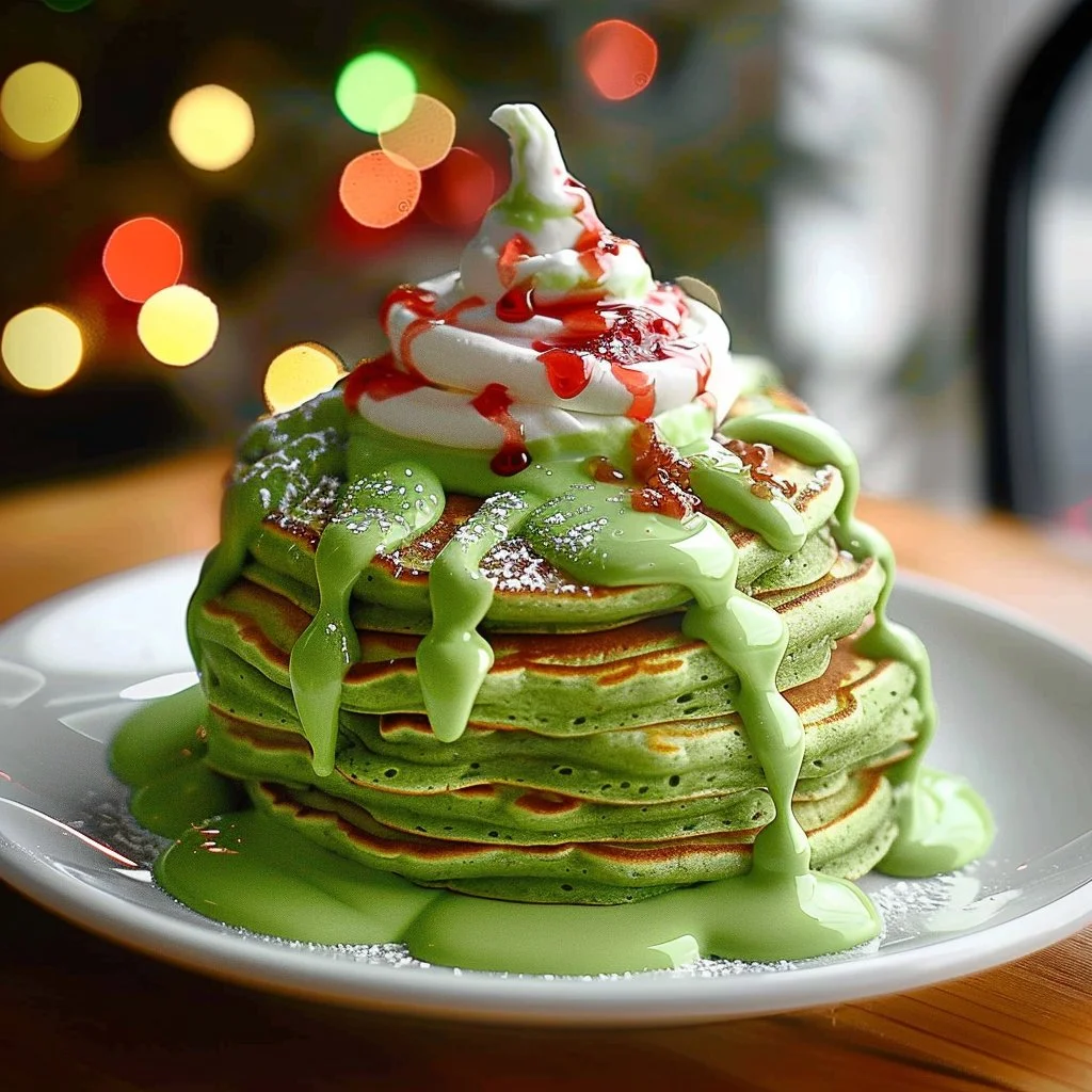 Plate of colorful Grinch pancakes topped with festive decorations