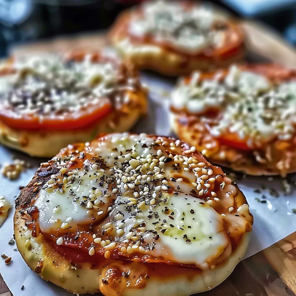 High protein pizza bagels topped with cheese and sauce