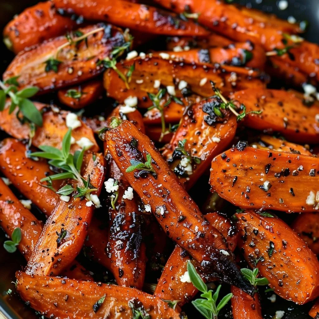 Honey balsamic roasted carrots in a serving dish garnished with fresh herbs.