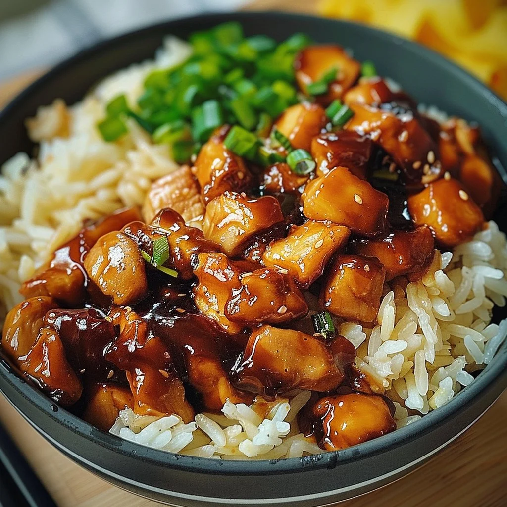 Delicious Honey BBQ Chicken served over rice, garnished with green onions.