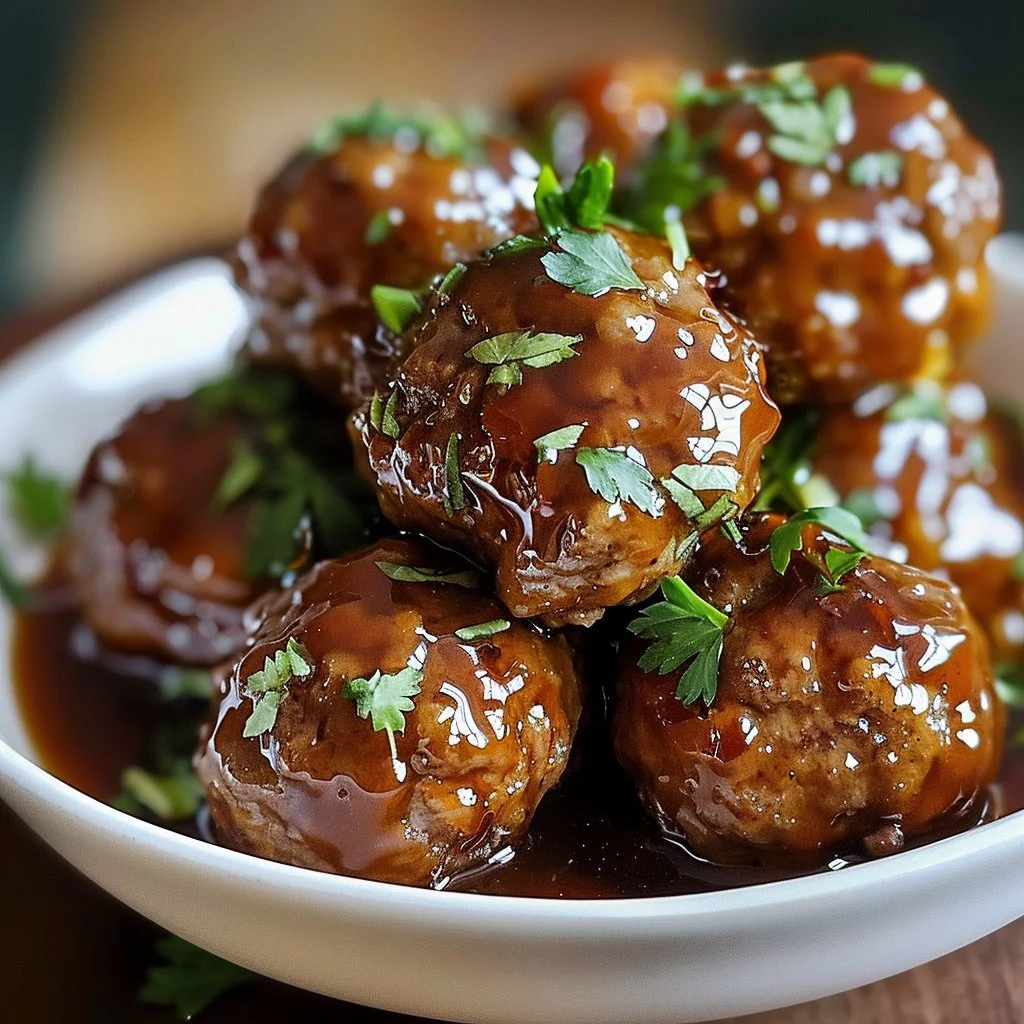 Honey garlic glazed meatballs served on a plate with a drizzle of sauce