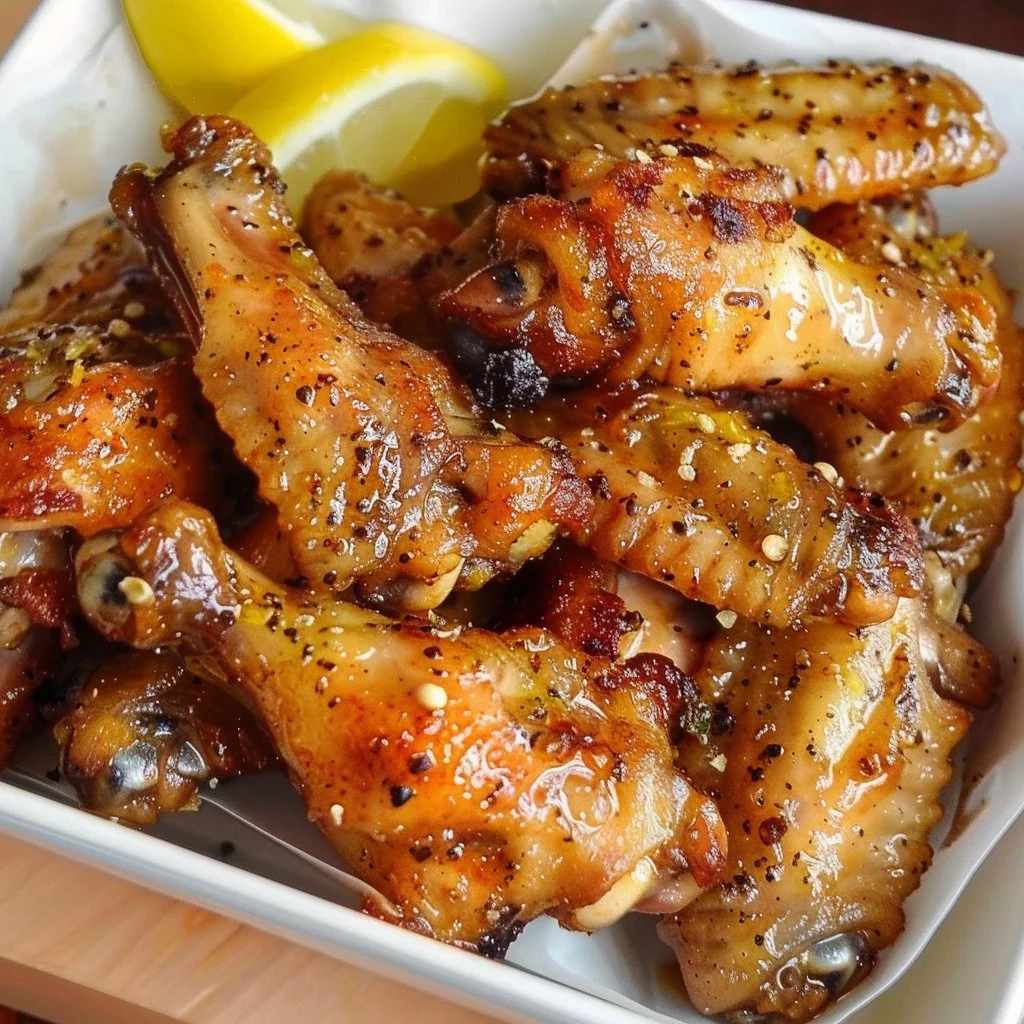 Honey Lemon Pepper Wings garnished with lemon slices and pepper flakes