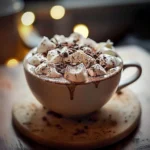 A steaming cup of rich hot cocoa topped with whipped cream and chocolate shavings.