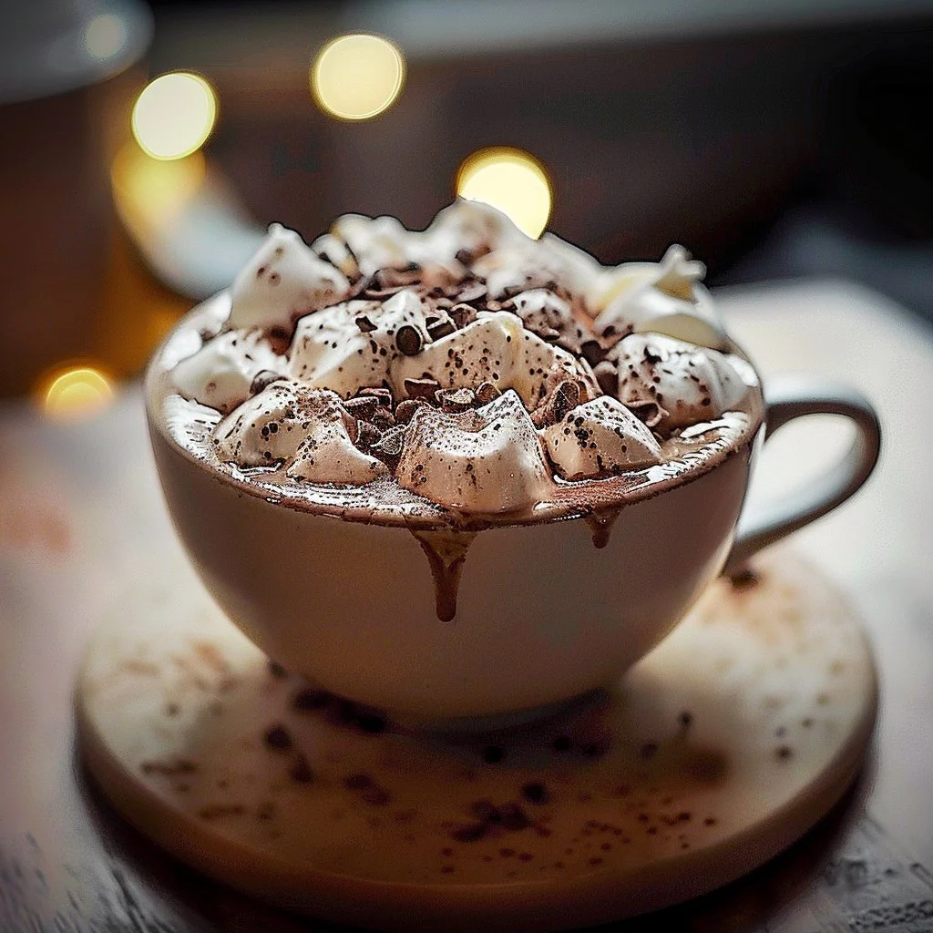 A steaming cup of rich hot cocoa topped with whipped cream and chocolate shavings.
