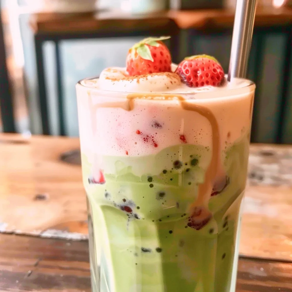 Iced Strawberry Matcha Latte in a glass with strawberries and matcha powder