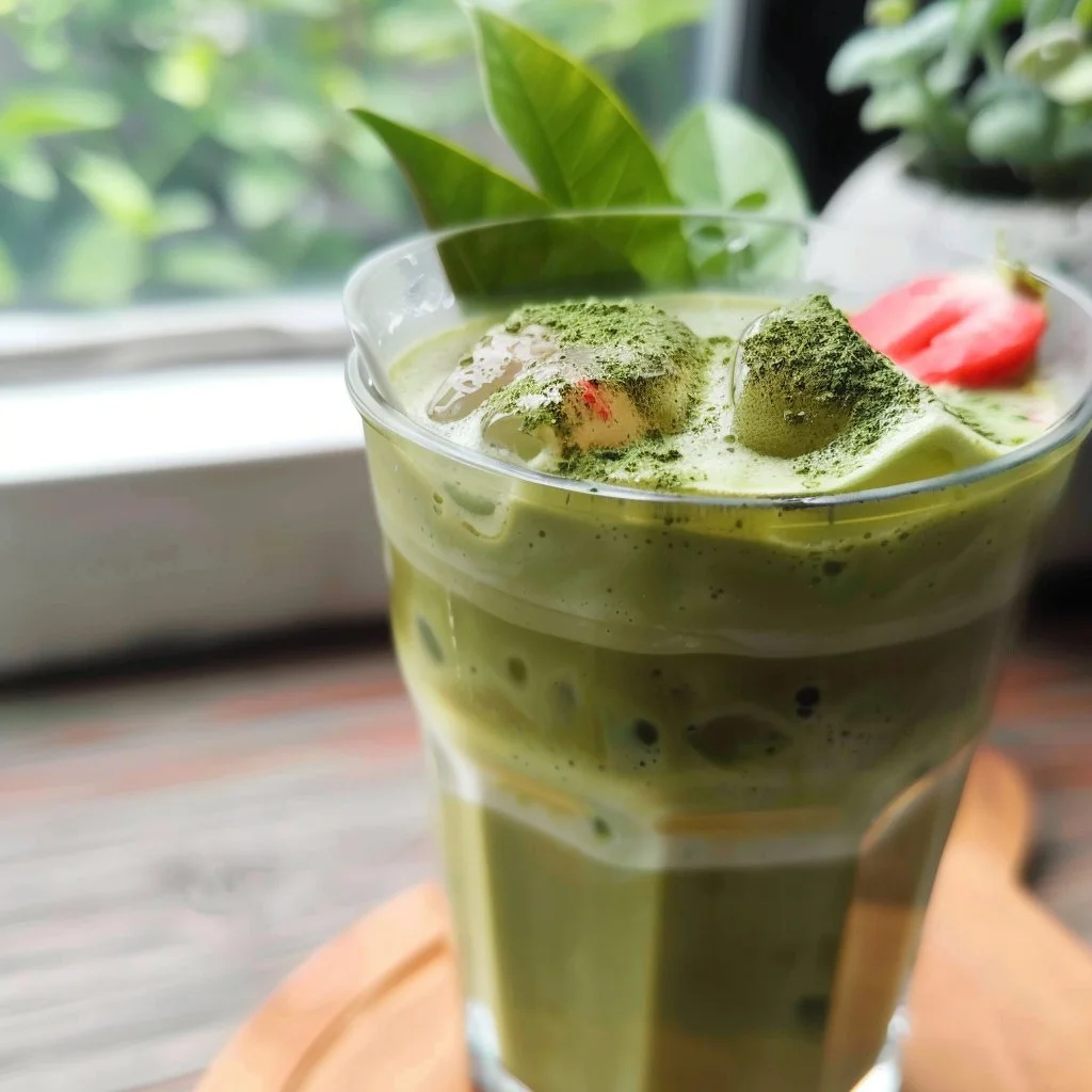 A refreshing iced strawberry matcha latte served in a glass with strawberries.
