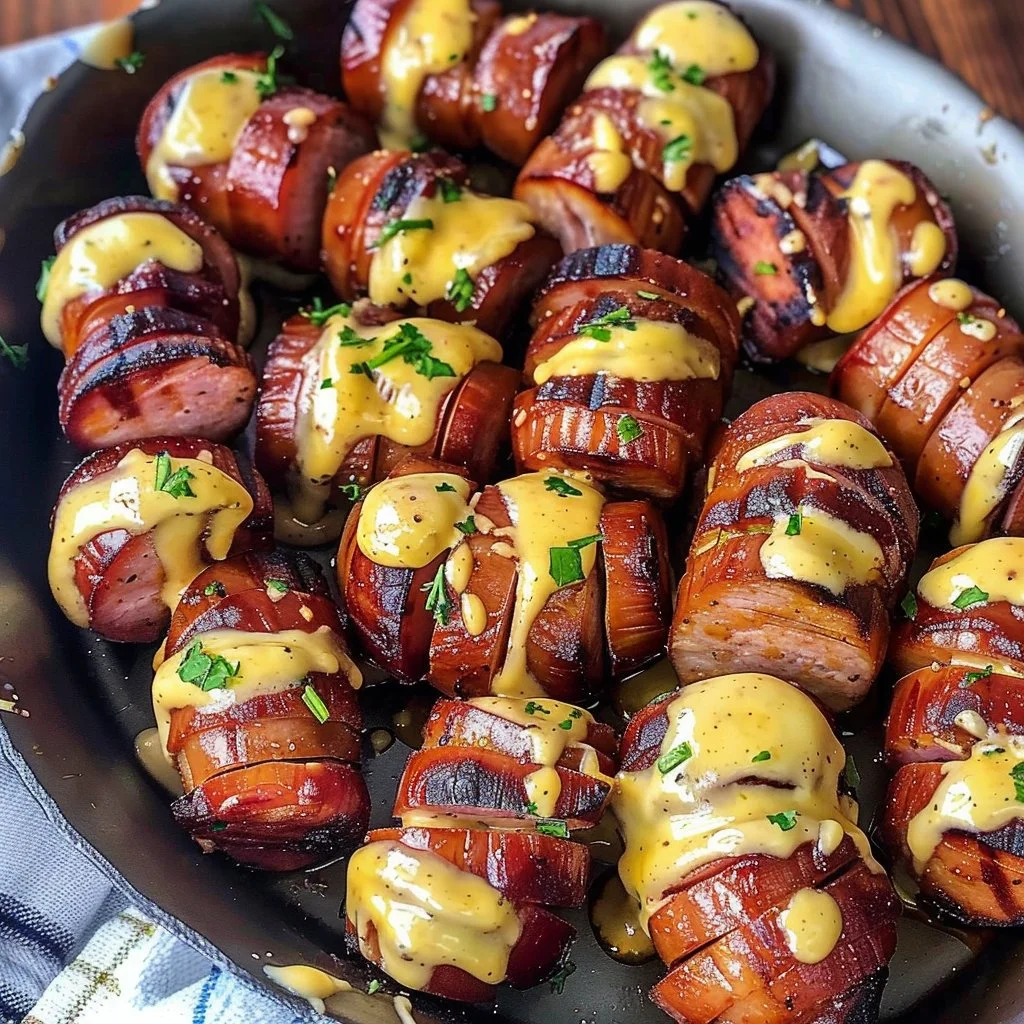 Mustard Hasselback Kielbasa Bites served on a platter